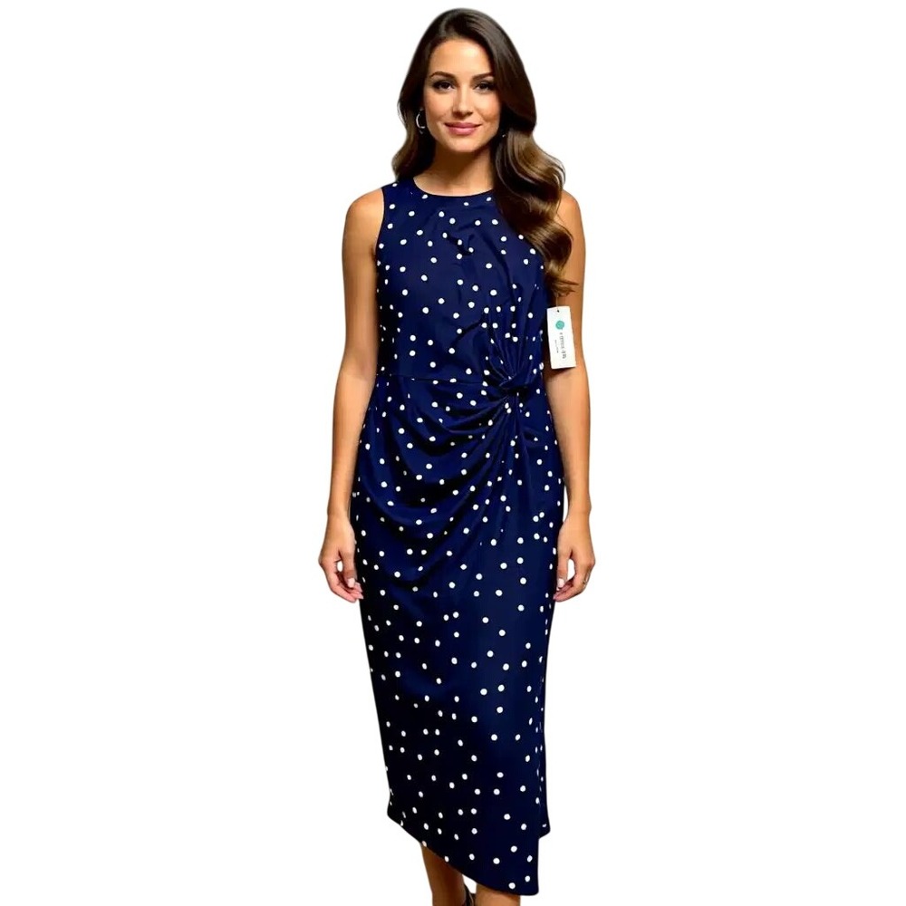 Nine Britton Navy Blue Polka Dot Side Knot Midi Dress Stitch Fix Exclusive M NWT